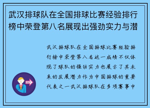 武汉排球队在全国排球比赛经验排行榜中荣登第八名展现出强劲实力与潜力