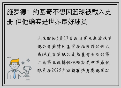 施罗德：约基奇不想因篮球被载入史册 但他确实是世界最好球员